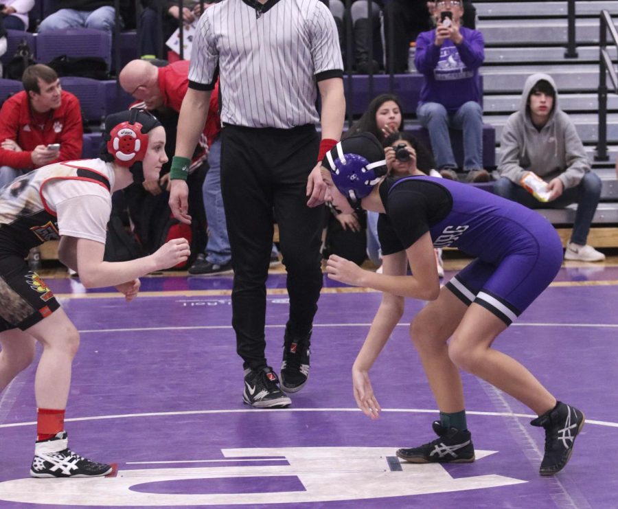 Sophomore Rebeccah Jones (right) — the only girl on the PHS wrestling team — takes on Labette County at PHS's first annual home Southeast Kansas JV Wrestling Championship. Jones went 1-2, placing second in the tournament's all-girls, 100-104 pound weight class.