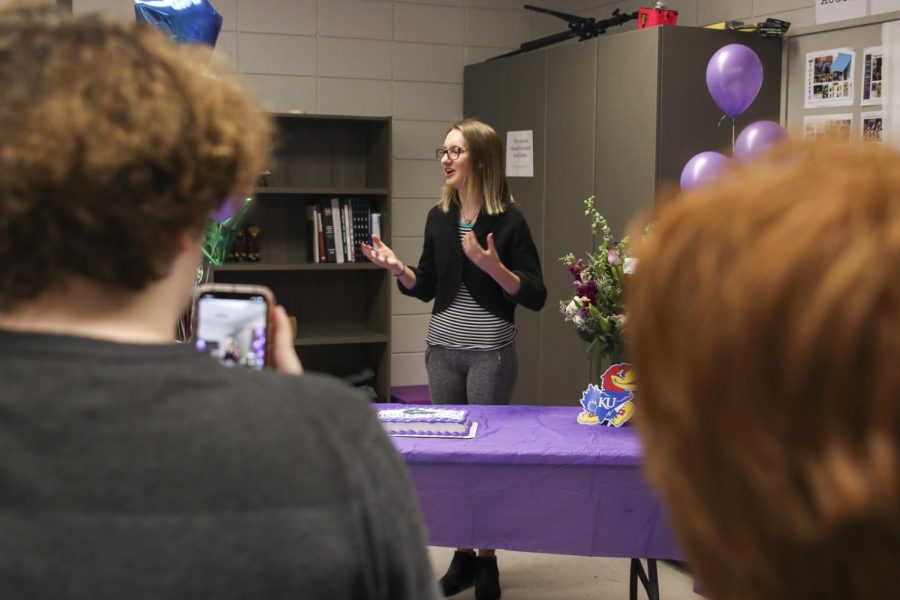 Senior Nicole Konopelko gives remarks in student publications adviser Emily Smiths classroom at a a ceremony on the afternoon of Feb. 20 in which Konopelko was honored for winning Kansas Student Journalist of the Year. 