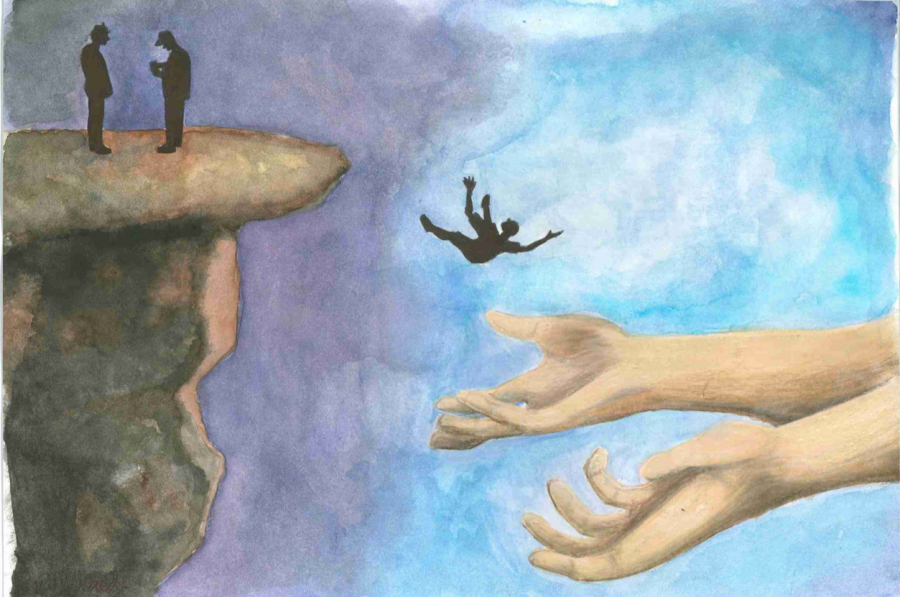 Art by Audrey Goode, which depicts a student jumping into open arms of help.