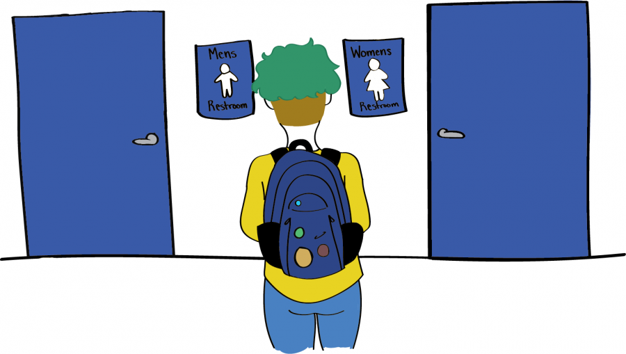Featured above is art by Lane Phifer. The student, in the photo, stands choosing between which bathroom to use. 