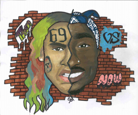 This piece from senior Grace Puckett showcases two conflicting sides of hip-hop: lyrical and mumble. The left half of the face is  modern rapper 6ix9ine while the right is legendary rapper 2Pac.