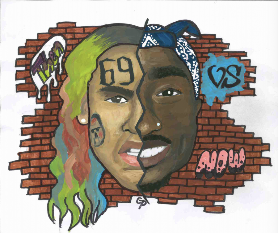 This+piece+from+senior+Grace+Puckett+showcases+two+conflicting+sides+of+hip-hop%3A+lyrical+and+mumble.+The+left+half+of+the+face+is++modern+rapper+6ix9ine+while+the+right+is+legendary+rapper+2Pac.