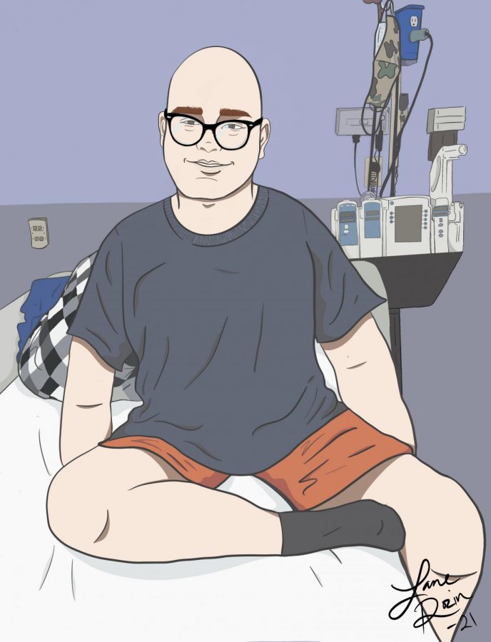 Above is an illustration of sophomore Ethan Rosenstiel who is currently battling leukemia at Children’s Mercy Hospital in Kansas City, MO. 