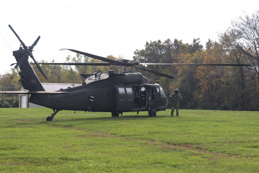 Blackhawk Helicopter getting ready to take off to bring Pittsburg High School staff for a ride around Pittsburg. 