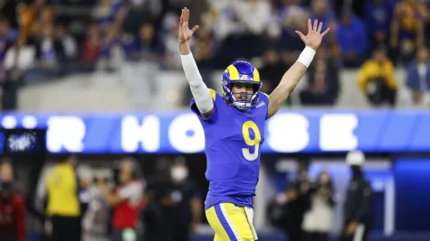 Los Angeles Rams Quarterback, Matthew Stafford, celebrates after scoring a touchdown. Credit: Ric Tapia/NFL
