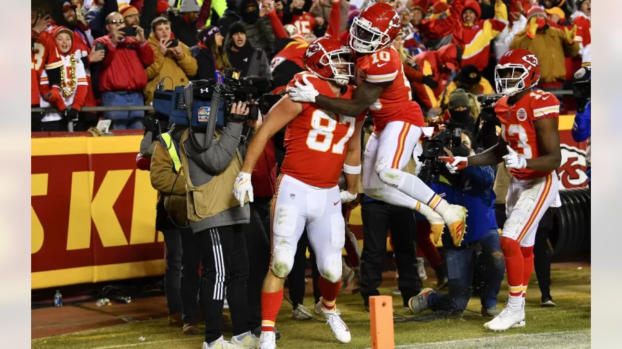 Travis Kelce and Tyreek Hill celebrate after 42-36 overtime victory over the Buffalo Bills. Credit: Alika Jenner/NFL